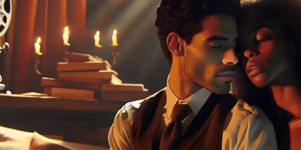 A couple shares a tender moment in a cozy, softly lit room filled with romantic elements.