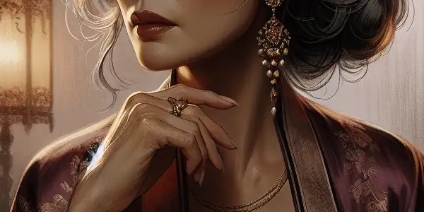 Elegant older Asian woman exuding confidence, set in a warm, intimate atmosphere with vintage decor.