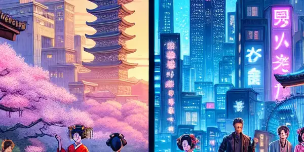 A split scene contrasting Japanese eroticism with Western adult entertainment, featuring traditional and modern elements, characters, and atmospheres.