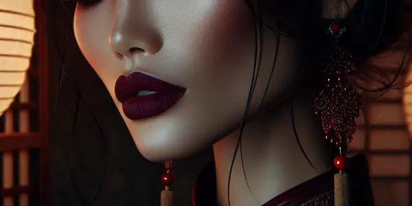 A mysterious Asian woman in a dimly lit, richly decorated room exuding elegance and allure.