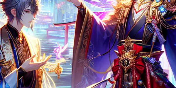 A surreal scene of a dominatrix and submissive figure in an erotic encounter amidst neon-lit urban and traditional Japanese elements.