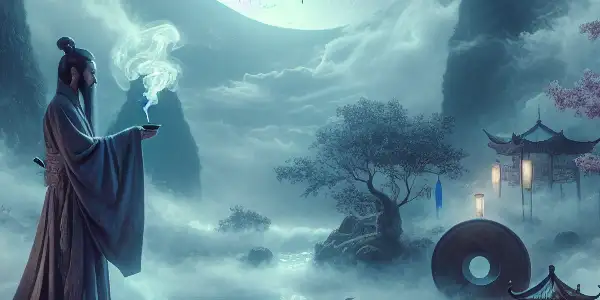 A tranquil moonlit landscape featuring a contemplative scholar, cherry blossoms, and ethereal mist, blending ancient and modern themes.