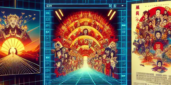 A vibrant digital interface displaying colorful Japanese AV movie posters in a lively, modern setting.