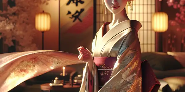 A graceful Asian actress in a kimono, set in a modern Japanese apartment with intimate decor and soft lighting.