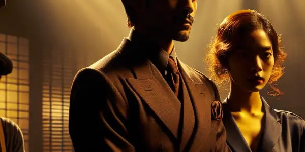 A sharply dressed man and a reluctant woman in a dimly lit room, embodying power dynamics and emotional tension.