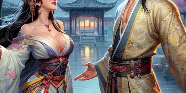 A charismatic couple engages in a playful, intense interaction in a vibrant Chinese courtyard with cherry blossoms.