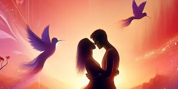 An abstract scene of intimacy and fulfillment, featuring silhouetted figures, vibrant colors, and symbols of closure and transcendence.