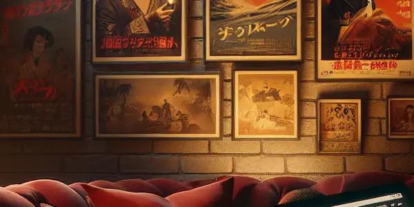 A cozy, dimly lit room featuring a figure on a red velvet couch, surrounded by vintage Japanese film posters and soft lighting.