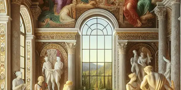 A lavish Roman villa scene featuring elegantly draped figures in intimate poses, surrounded by frescoes and opulent decor.