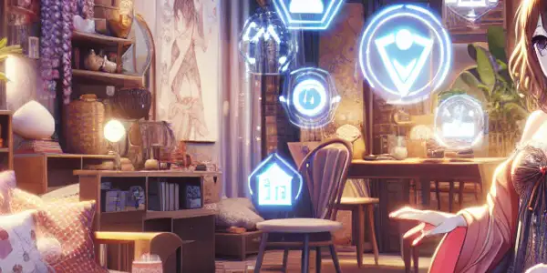 A charming anime character in a seductive outfit, set in an intimate, beautifully lit Japanese-themed room.