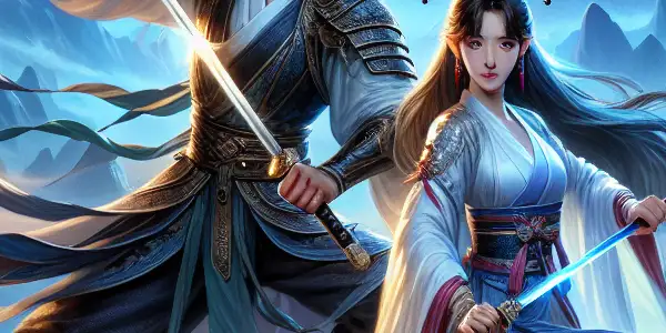 A moonlit scene of a heroic swordsman and a captivating female warrior in an ancient Chinese landscape, exuding romance and adventure.