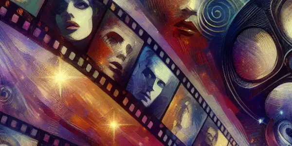 A vibrant scene blending classic and modern elements of European and American erotic cinema with abstract, expressive characters.