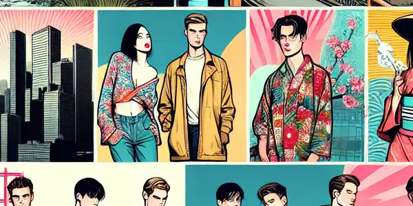 A vibrant urban scene showcasing diverse individuals in a blend of American and Japanese fashion, embodying intimacy and cultural exchange.