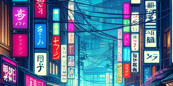 A vibrant, neon-lit Tokyo street at night, bustling with intrigue and hints of adult entertainment.