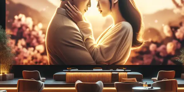 A luxurious digital lounge featuring a large screen displaying a romantic adult film scene, surrounded by themed decor.