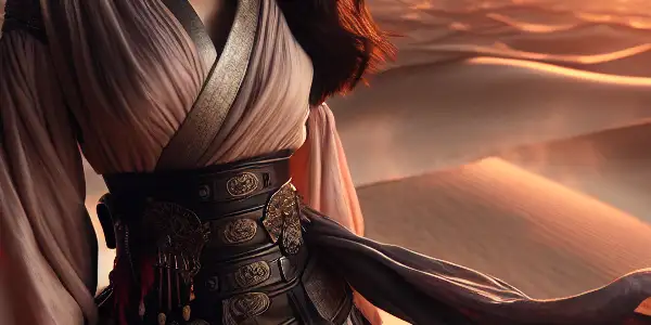 A captivating female figure in a desert at sunset, blending traditional Japanese attire with modern adventure elements.