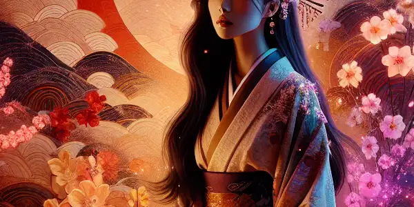 A serene Japanese bedroom with a confident Asian actress, surrounded by cherry blossoms, exuding beauty and romance.