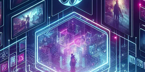 A futuristic digital environment showcasing diverse individuals engaged with media players and iconic movie posters, emphasizing community and ethical film consumption.
