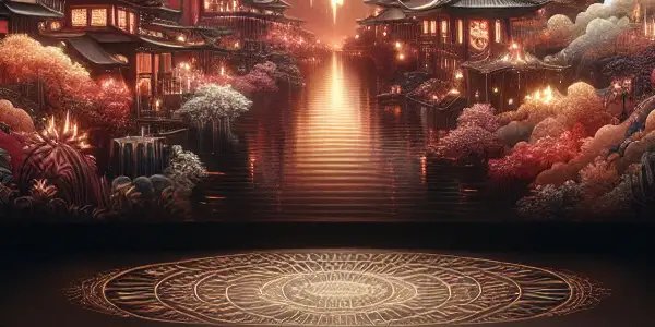 A luxurious theater scene promoting an adult film festival, blending Japanese gardens with vibrant urban nightlife.