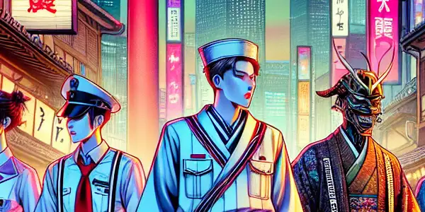 A vibrant Tokyo street scene featuring diverse models in stylish, colorful AV costumes, exuding confidence and allure.