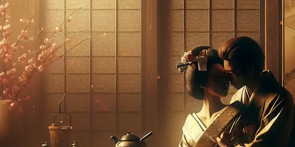 A couple in a passionate embrace in a dimly lit, traditional Japanese room adorned with cherry blossoms.