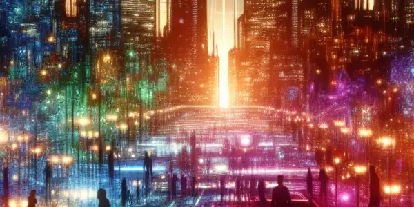 A vibrant digital landscape representing an adult entertainment hub with neon lights, futuristic cityscape, and diverse figures exploring.