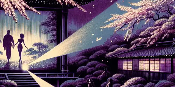 A serene Japanese garden at dusk, with cherry blossoms and a vintage projector displaying silhouettes of nostalgic adult film scenes.