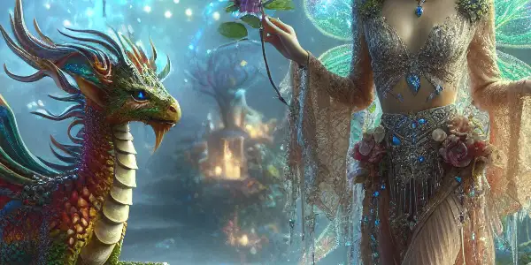 A seductive elf playfully interacts with a mythical creature in a vibrant, enchanted forest filled with magic.