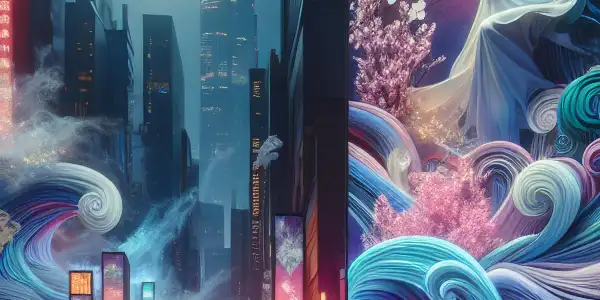 A surreal neon cityscape blending Japanese culture and erotic themes, featuring ethereal figures and vibrant colors.