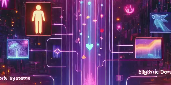 A vibrant, futuristic cityscape at night, featuring diverse individuals interacting with holographic screens of adult content.