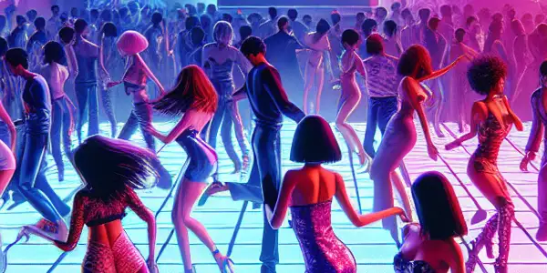 A vibrant disco scene with diverse dancers, neon lights, and a DJ, embodying excitement and adult allure.