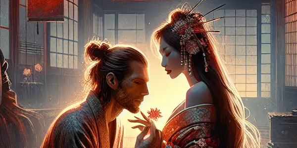 A romantic scene in a traditional Japanese room featuring two elegantly dressed characters sharing an intimate moment.