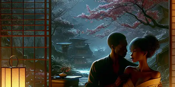 A romantic couple shares an intimate moment in a dimly lit Japanese room with cherry blossoms outside.