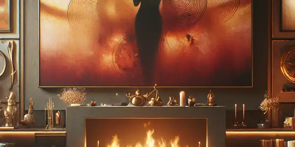 A luxurious room featuring a large screen displaying abstract adult content, with intimate lighting and elegant decor.