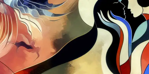 Intertwined naked figures embodying intimacy and passion against an abstract background with modern and Japanese influences.