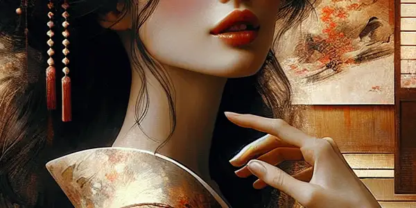 An elegant actress in a revealing kimono, surrounded by a luxurious Japanese room, exuding allure and sophistication.