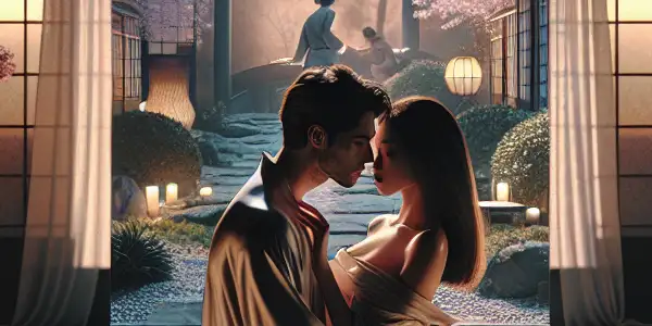 A couple shares an intimate moment in a beautifully designed Japanese-inspired room, surrounded by flowers and soft lighting.