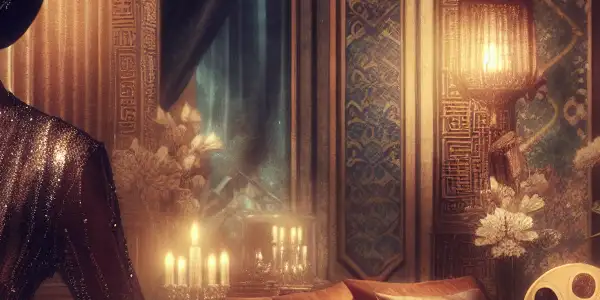 A glamorous woman inspired by Qin Hailu, set in an opulent film scene with intimate lighting and luxurious textures.