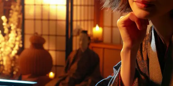 A Japanese actress in a cozy room shares an intimate, emotional confession, embodying vulnerability and desire.