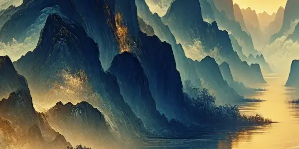 A breathtaking landscape of mountains and rivers, embodying grandeur and melancholy, with human figures reflecting on emotions.