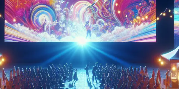 A vibrant outdoor cinema scene at night, showcasing a diverse audience captivated by colorful abstract visuals of adult films.