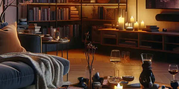 A cozy modern living room with plush cushions, wine, and ambient lighting, evoking relaxation and sensuality.